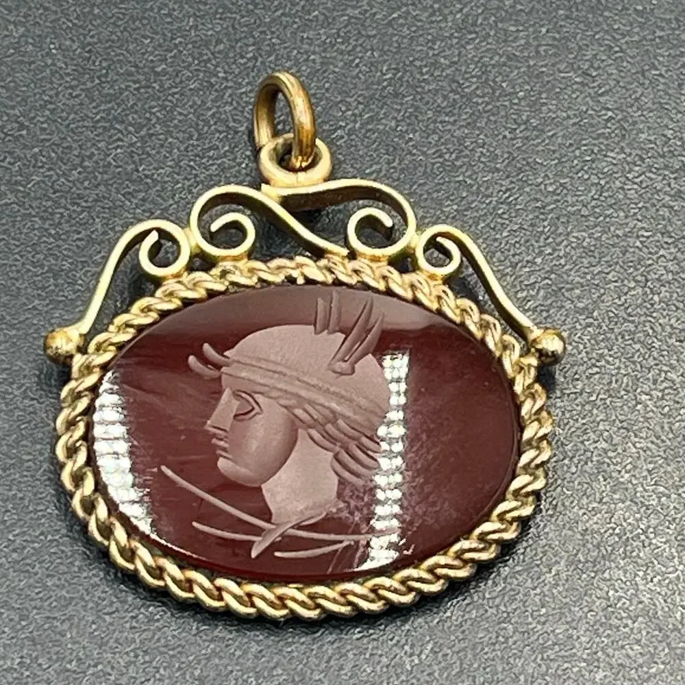 Antique Victorian Gold‎ Filled  Carnelian Intaglio Centurion Roman Pendant